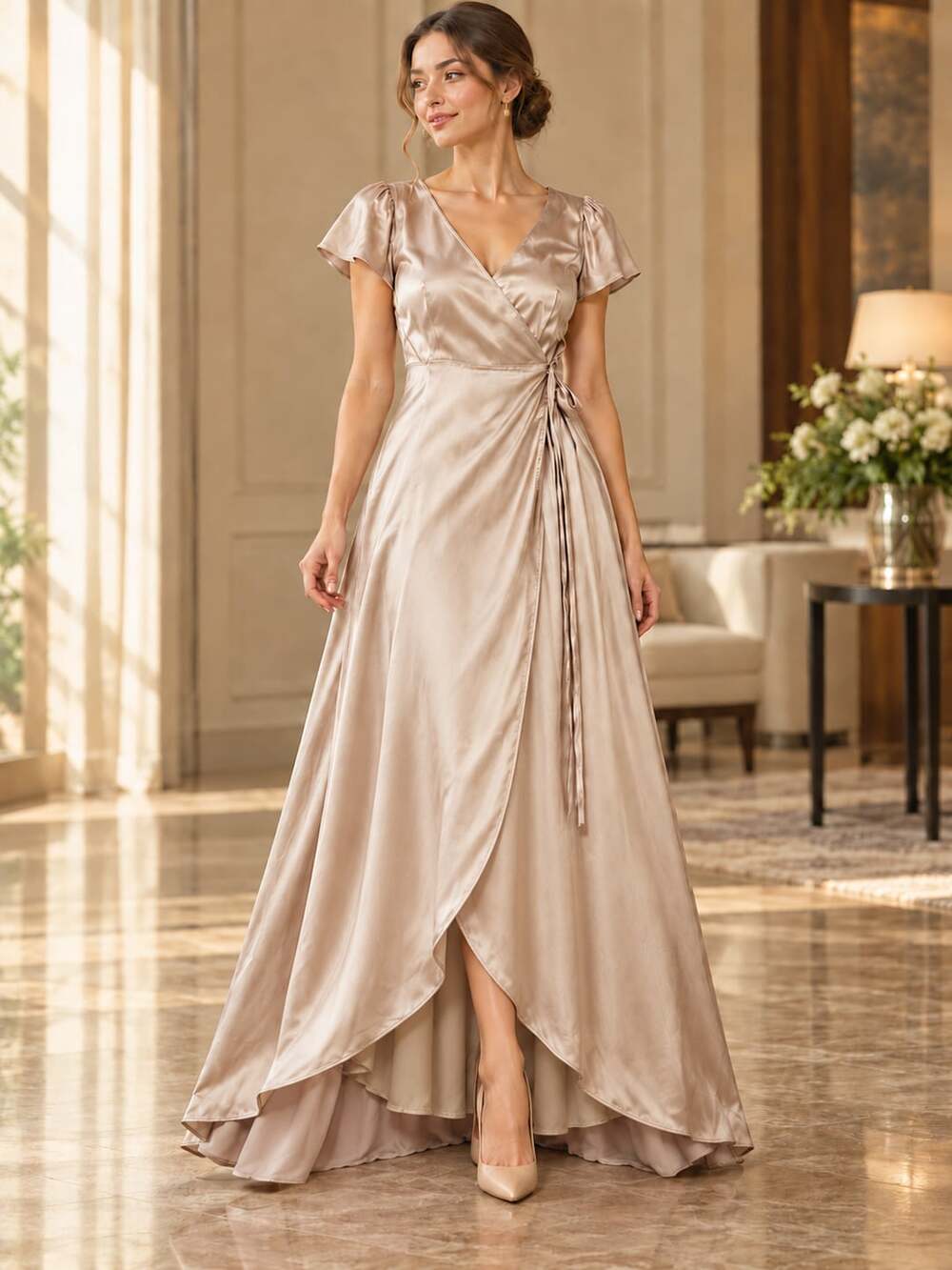 Baltic Born Krystal Satin Wrap Gown Champagne Maxi Dress Flutter Sleeve M